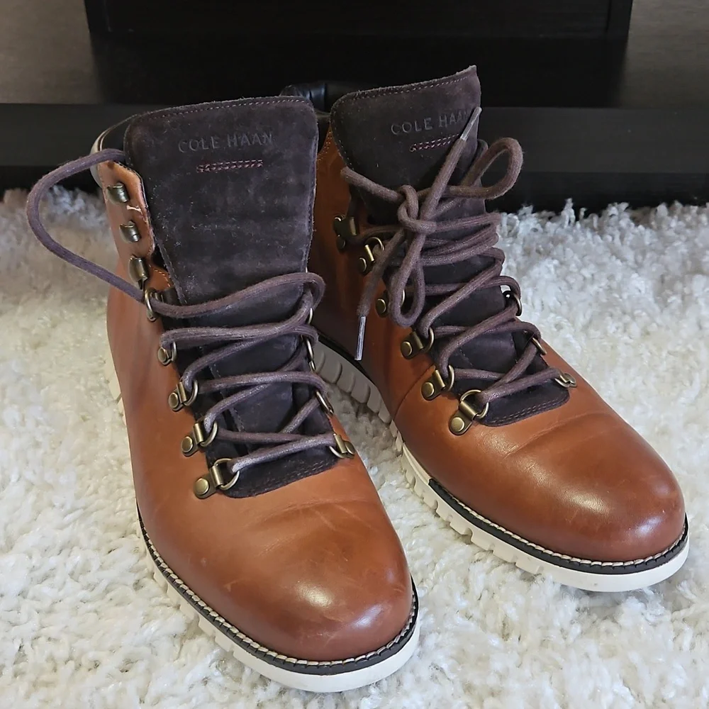 Cole Haan Brown Leather Hiking-Style Boots with Dark Brown Accents